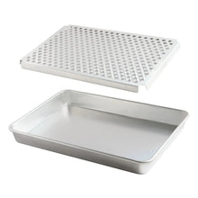 Stainless steel oven crisping pan with perforated rack insert, stacked