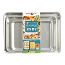 Nordic Ware Naturals 3-piece baking sheet set package over silver metal trays