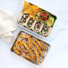 1/6 aluminum sheet pan with small sandwiches, corn, and dipping sauce