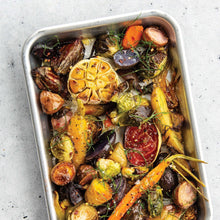 1/6 aluminum sheet pan filled with roasted vegetables and potatoes