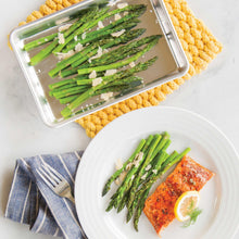 1/6 aluminum sheet pan with grilled asparagus and lemon chicken portions