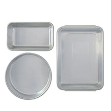 Rectangular and round cake pans with clear lids, natural metal finish