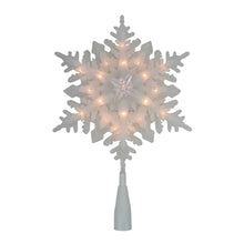 White plastic Christmas tree topper with lit snowflake star design and central stem