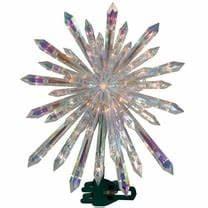Clear plastic Christmas tree topper starburst with faceted rays, on small green tree