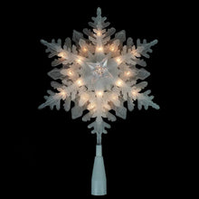 Lit white plastic snowflake Christmas tree topper with extended central stem