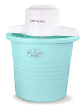 Aqua parlor-style ice cream maker base with clear top lid, Nostalgia logo