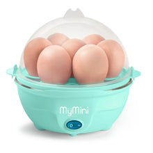 Teal egg cooker with domed clear lid holding seven brown eggs