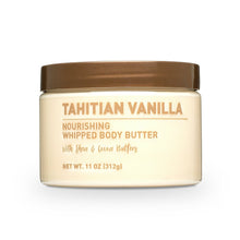 Whipped body butter jar in cream with brown lid, labeled Tahitian Vanilla