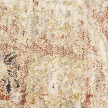 Runner rug close-up with beige background and rust, green, and black speckles