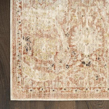 Runner rug edge with beige base and rust multicolor distressed print