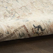 Runner rug corner close-up with textured pile and multicolor distressed motif