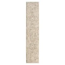 Light beige runner rug with scattered distressed motifs and subtle border