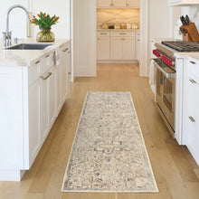 Beige and rose runner rug with ornate vintage-style pattern, flatweave look