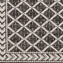 Indoor/outdoor rug close-up with black-and-white diamond trellis pattern.