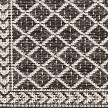 Indoor/outdoor rug close-up with black and white dotted diamond medallion pattern.