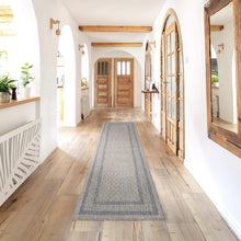 Hallway runner rug with gray center and blue border, textured woven surface