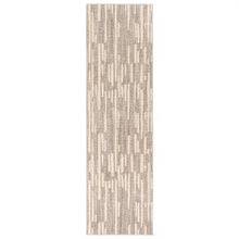 Runner rug in light beige with charcoal-gray vertical mottled pattern, looped pile