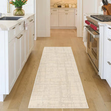 Cream runner rug with subtle geometric lattice texture and low, dense pile