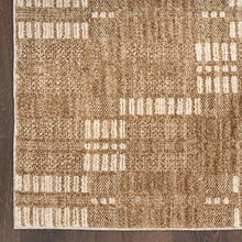 Geometric grid pattern on tan runner rug with white contrasting bands