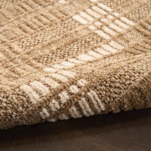 Textured brown runner rug with looped pile and light geometric stripe details