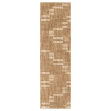 Tan runner rug with white geometric blocks on textured flatweave surface