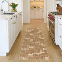 Brown runner rug with beige and white geometric tile pattern across floor