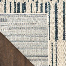 Runner rug edge detail with cream weave and navy-blue vertical stripes.