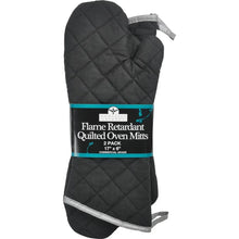 Flame-retardant quilted oven mitt in black with gray cuff and hanging loop