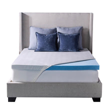 Cooling gel memory foam mattress topper with blue gel layer on bed surface