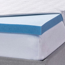 Cooling gel memory foam mattress topper edge with blue gel strip and white foam core