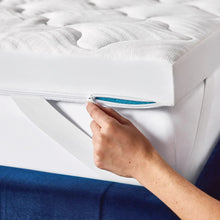 Zippered white mattress topper cover with blue gel layer interior