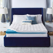 White quilted mattress topper with blue base edges, on a bed