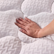 White quilted gel memory foam mattress topper with hand pressing the surface