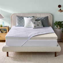 Gel memory foam mattress topper on bed, white cover and gray quilted panel