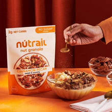Nutrail cinnamon pecan low carb keto nut granola bag with bowl of granola