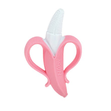 Pink infant banana massaging toothbrush with white bristles and silicone grip