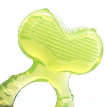 Light green baby silicone teether with ridged texture and circular ring hole