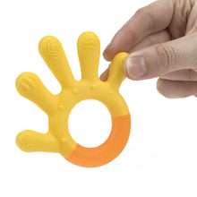 Yellow and orange baby silicone teether with ring hole and textured finger grips