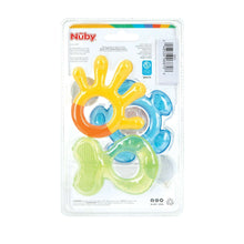 Nuby 3-step baby teether set blister pack with yellow, blue, and green teethers