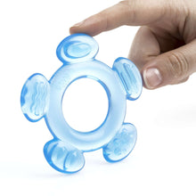Blue baby silicone teether with ring hole and textured grip handles