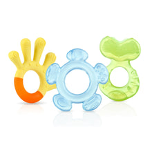 Three baby silicone teethers with ring holes, yellow/orange, blue, and green designs