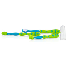 Nuby oral care set: 3 brushes and 1 massage tool, blue and green handles
