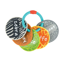 Silicone animal teether ring with giraffe, zebra, and leafy cards in orange and green
