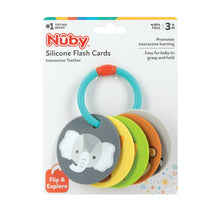 Retail box showing silicone flash cards teether ring with multicolor animal designs