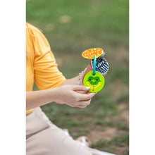 Silicone animal teether ring with green lizard card and blue strap