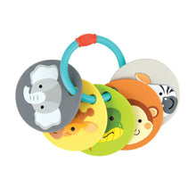 Silicone animal teether ring with elephant, green and orange cards, blue handle