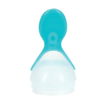 Teal and white silicone squeeze feeder with soft spout tip