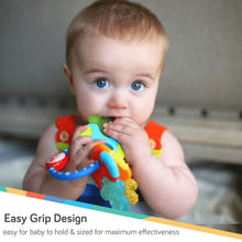 Baby teether with blue and orange keys held by infant hands with gel details