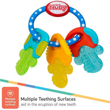Multicolored baby teether keys with blue handle ring and textured yellow, green, and red keys