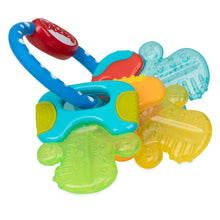 Baby teether keys with blue, teal, orange, red and yellow textured gel-like pieces